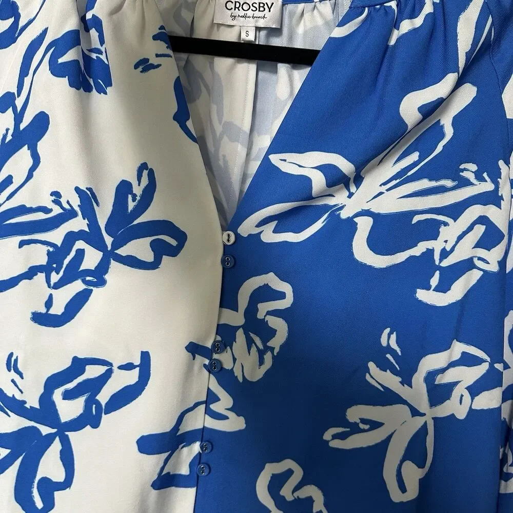 Crosby by Mollie Burch Blue & White Blouse Floral Size S Womens Top Cottage Chic - Picture 7 of 8